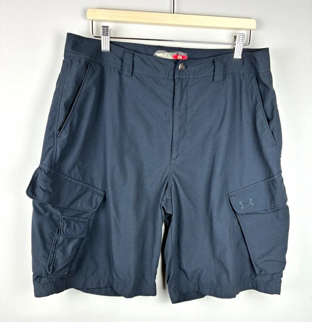 Under Armour Mens Size 36 Cargo Shorts Black Gray Ripstop Outdoor Hiking Utility